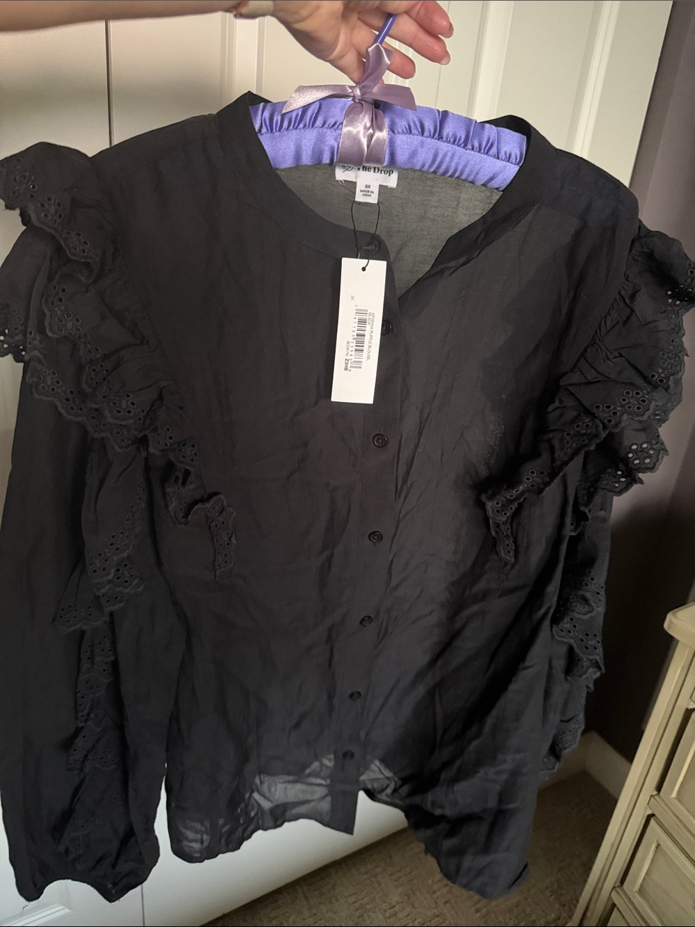 Women's Black Ruffle Button-Down Blouse - Eyelet Detail
